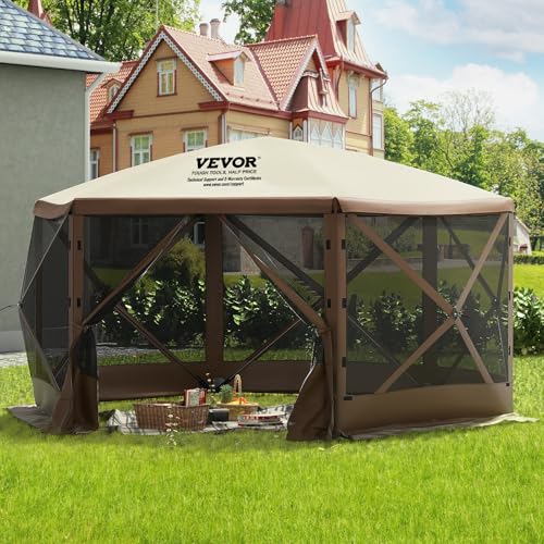 VEVOR Pop-Up Gazebo Screen Tent, 12 x 12 Ft 6-Sided Camping Gazebo Instant Canopy Sun Shelter with 6 Removable Privacy Wind Cloths, Mosquito Netting, 300D Oxford Cloth for Patio, Backyard, Lawn