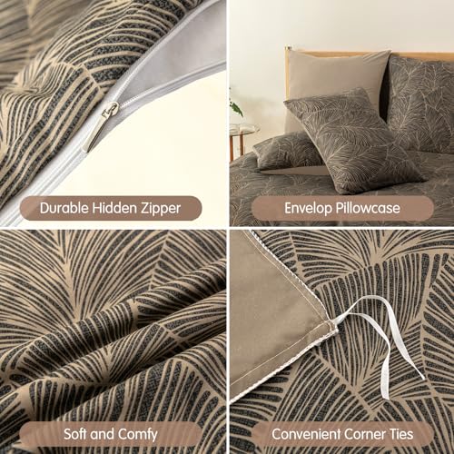 Lekesky King Size Duvet Cover Set, Reversible King Comforter Cover with Tropical Leaves Pattern, Soft 100% Washed Microfiber 3 Pieces Khaki Bedding Set with Zipper and 2 Pillowcases Lekesky