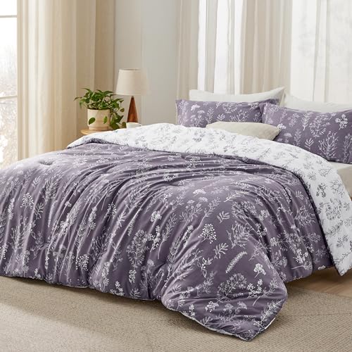 Bedsure Queen Comforter Set - Grayish Purple Bed Set, 3 Pieces Cute Floral Bedding, 1 Soft Reversible Botanical Flowers Comforter and 2 Pillow Shams Bedsure