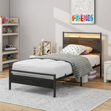 BOFENG Twin Bed Frame with Wood Headboard and USB Charging Station/LED Lights,Metal Single Platform Bed Frame Twin Size No Box Spring Needed,Heavy Duty Metal Slats Support,Noise Free,Black BOFENG