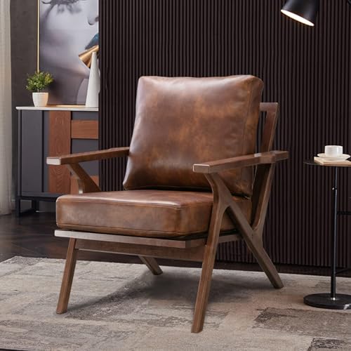 Bonzy Home Faux Leather Accent Chair for Living Room,Upholstered Armchair with Cushions and Solid Wood Frame, Mid-Century Modern Lounge Chair for Bedroom or Office Bonzy Home