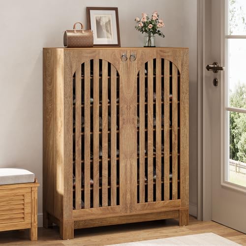 Tribesigns Shoe Cabinet with Slatted Doors, 6-Tier Entryway Shoe Storage Rack Organizer with Adjustable Shelves for Living Room, Bedroom, Oak Tribesigns