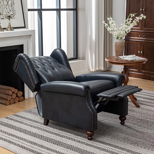 SHINE FURNISHING Genuine Leather Recliner Chair, Push Back Recliner Armchair with Rivet Tufted - Thick Cushioned Seat, Single Sofa & Accent Chair for Living Room (Navy)