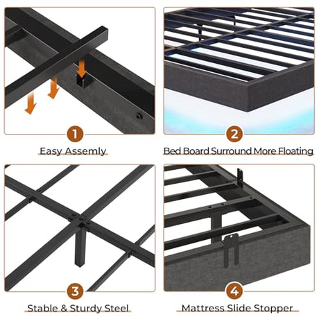 BTHFST Floating Bed Frame Full Size with LED Lights, Modern Metal Full Platform Bed, Solid and Stable, Noise Free, No Box Spring Needed, Easy Assembly BTHFST