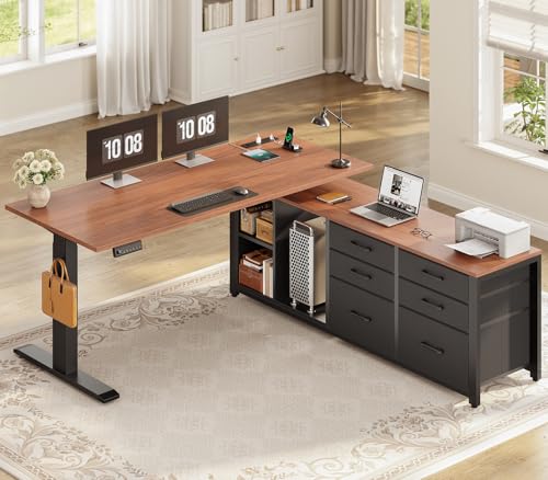 SEDETA L Shaped Electric Standing Desk, 55" x 55" Height Adjustable Office Executive Desk with 6 Fabric Drawers and Storage Shelves, Sit Stand Computer Desk with Power Outlet for Home Office (Brown) SEDETA