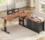 SEDETA L Shaped Electric Standing Desk, 55" x 55" Height Adjustable Office Executive Desk with 6 Fabric Drawers and Storage Shelves, Sit Stand Computer Desk with Power Outlet for Home Office (Brown) SEDETA