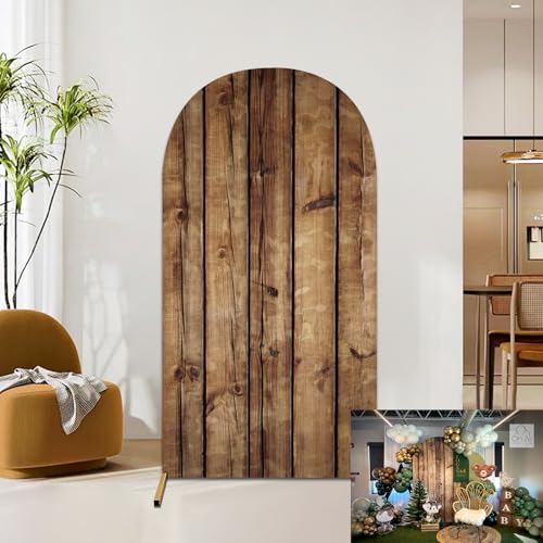 JASREE 6.6FT Rustic Wood Arch Cover Spandex Fitted Wedding Arch Stand Backdrop Covers 2-Sided Round Top Chiara Arch Backdrop Cover for Birthday Party Baby Shower Banquet Decor(3.3x6.6ft,No Frame) JASREE