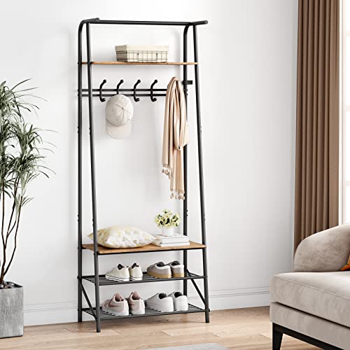 IDEALHOUSE Coat Rack Shoe Bench with 5 Hooks, Hall Trees Entryway Bench with Storage, Multifunctional Hallway Organizer, Wood Look Accent Furniture with Metal Frame for Entryway, Living Room, Bedroom IDEALHOUSE