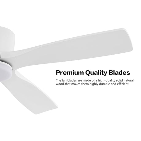 WINGBO 54 Inch Flush Mount DC Ceiling Fan with Lights and Remote, 4 Reversible Carved Wood Blades, 6-Speed Noiseless DC Motor, Hugger Ceiling Fan in Gloss White with White Blades, ETL Listed WINGBO