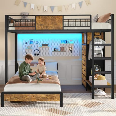 ADORNEVE Bunk Bed Twin Over Twin Size with 8 Storage Drawers, Twin Bunk Beds with Led Lights & Storage Shelves, Metal Loft Bed with 13.4" H Safety Guardrail & Ladder, for Kids & Teens, Black ADORNEVE