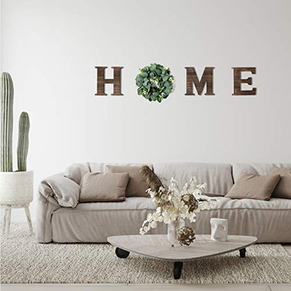 Yoleshy Wooden Home Sign with Artificial Eucalyptus Wreath for O, 9.8'' Home Letters With Wreath For Wall Hanging Decor, Rustic Wall Letters Decor For Living Room, Entry Way, Kitchen, Etc (Brown)