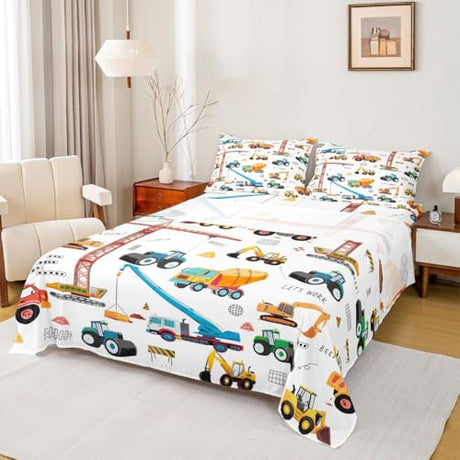 Excavator Bed Sheets King Size, Tractor Machinery Trucks Sheet Set, Kids Boys Construction Vehicle Fitted Sheet, Bulldozer Crane Equipment Truck Bed Sheet set With 2 Pillow Cases, Yellow Green Erosebridal