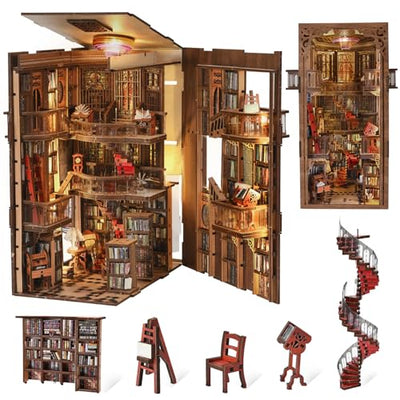 CCCDF Abbey Library Book Nook Kit, Ancient Vintage Bookshelf Insert Decor with LED Lights, Dust Cover, 3D Wooden Puzzle Craft for Adults