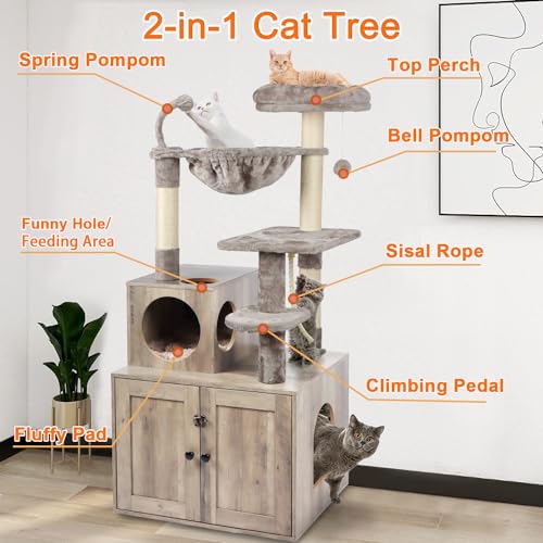 Timberer Cat Tree with Litter Box Enclosure, 2-in-1 Cat Tower for Indoor Cats, Large Cat Furniture, Wood Cat Condo with Basket, Scratching Posts, Pompoms, Grey Timberer