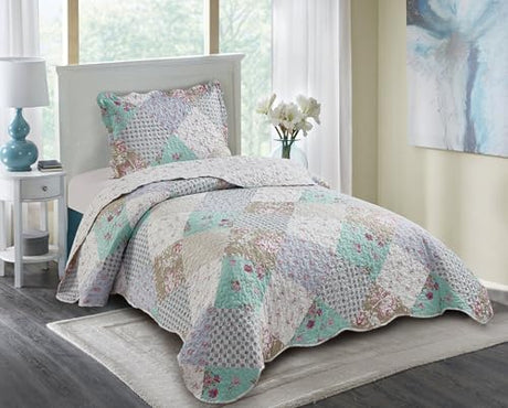 Brilliant Sunshine Blue and Green Rose Patchwork, 2-Piece Quilt Set with 1 Sham, Reversible Bedspread, Soft Lightweight Coverlet, All-Season, Twin, Blue Green Brilliant Sunshine
