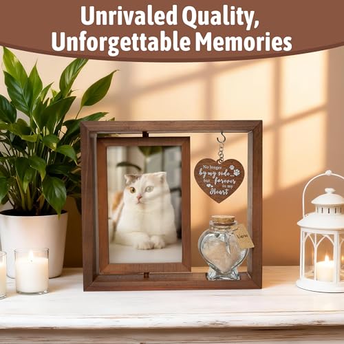 HAMUIERS Cat Memorial Gifts for Loss of Cat - Rotating Wooden Frame for 4x6 Photo & Fur Hair Jar - Sympathy Gift for Pet Bereavement, Remembrance Keepsake - Rainbow Bridge Gift for Cat Lovers
