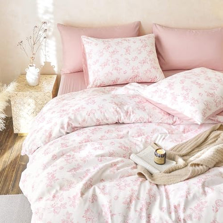 Wake In Cloud - Cottagecore Comforter Set, Floral Vintage Flower Shabby Chic Coquette Aesthetic for Women Teen Girls, Soft Lightweight Dorm Bedding, 3 Pieces, Pink, Full Size Wake In Cloud
