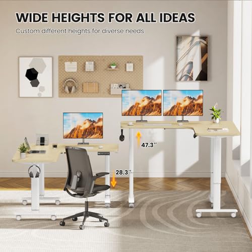 Flycity Electric L Shaped Standing Desk Adjustable Height, 63" x 55" Corner Stand Up Table, Home Office Desk, Dual Motor Sit Stand Desk, Computer Desk with 3 Memory Preset & Lock, Maple Flycity