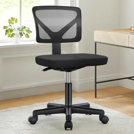 NEWBULIG Home Office Desk Chair, Armless Ergonomic Swivel Computer Chair with Wheels, Adjustable Height and Low-Back Mesh Design, Rolling Chair with Lumbar Support and Comfortable Seat, Black NEWBULIG