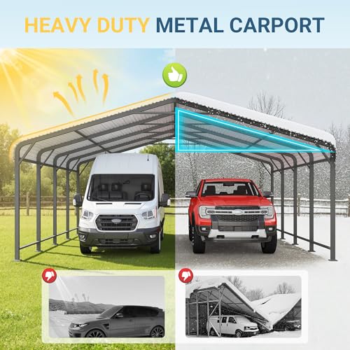 20x20 FT Metal Carport with Updated Roof & Enhanced Base, Heavy Duty Canopy Carport Garage, Vertaile for Car, Truck, Boat, Tractors, Party, Grey Wisteria Lane