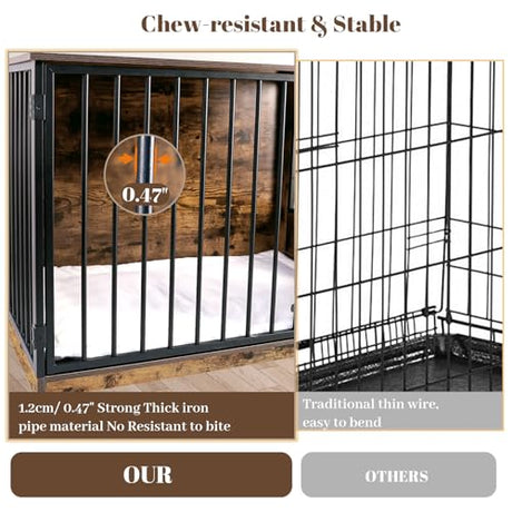 Dog Crate Furniture with Cushion for Large Dogs, 36" Indoor Wooden Dog Kennel with 270° Swivel Door, 360° Rotating Feeder, Decorative Heavy Duty Dog House with Double Locks & Bowls, Rustic Brown TBWIND