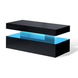 AMERLIFE High Gloss LED Coffee Table, Modern 2-Tier Center Table with LED Lights, Open Storage Space, 40in Simple Rectangular Sofa Side Table for Living Room, Black AMERLIFE