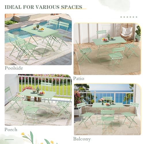 MELLCOM 5-Piece Foldable Patio Dining Set with Rectangular Table and Chairs, Weather-Resistant Iron Outdoor Dining Set for 4 People, Outdoor Table and Chairs for Patio, Yard, Indoor, Green MELLCOM