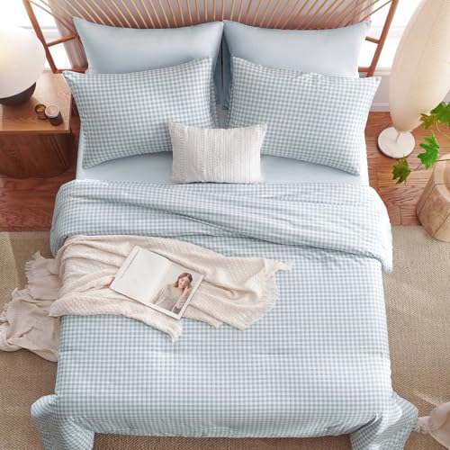 Nayoroom Blue Gingham Comforter Set Twin Size Plaid Checkered Dorm Bedding Set Kids 2 Pieces Soft Lightweight Grid Comforter for All Seasons (1 Comforter, 1 Pillowcase) Nayoroom