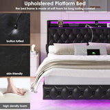 Keyluv King Floating Bed Frame with LED Lights & Charging Station, Upholstered PU Leather Platform Bed with Button Tufted Storage Headboard, No Box Spring Needed, Noise-Free, Easy Assembly, Black Keyluv
