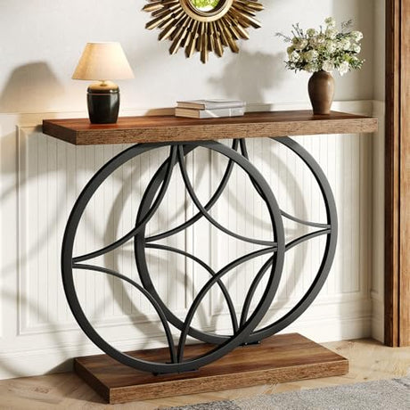 knoworld 39.4" Console Table, Industrial Entryway Table with Anti-Tilt Design, Narrow Wood Accent Sofa Table Behind Couch with Double Circle Base for Entryway, Living Room, Hallway, Foyer knoworld