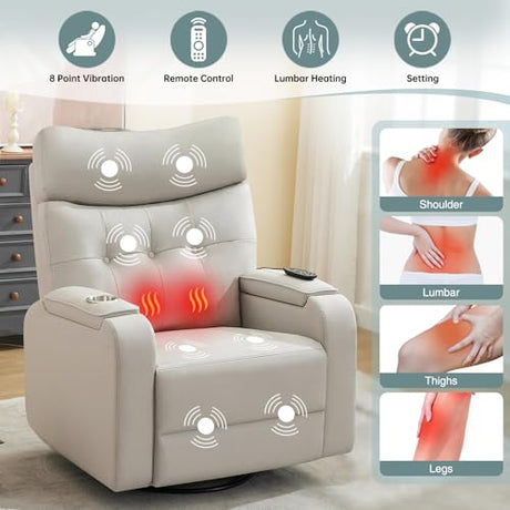 AEMEIOS Power Swivel Rocking Recliner with Massage & Heat, PU Leather Rocker Reclining with Type-C Port & Timing, Oversized Swivel Glider Recliner with Dual Storage Arms & Cup Holder, Light Grey AEMEIOS