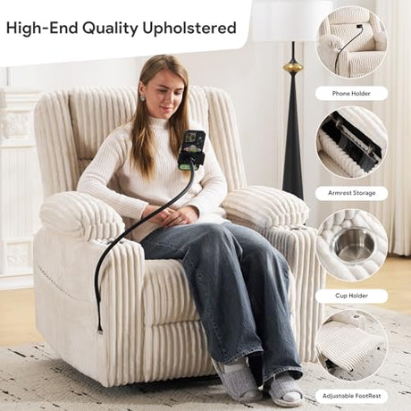 Power Recliner Chair with Massage and Heat, Oversized Swivel Rocker Recliner for Adults with Adjustable Headrest, Nursery Glider with Arm Storage and Cup Holder, Beige RUTOX