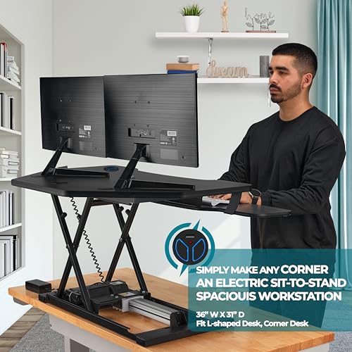 VERSADESK® PowerPro™ 36" Corner Standing Desk Converter, 36 Inch Motorized Height-Adjustable Standup Desk Riser Sit to Stand Desktop with Keyboard and Mouse Tray + USB Charging Port, Black VERSADESK