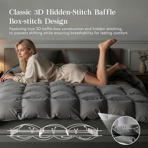 Feather Down Fiber Comforter Twin Size,Premium Ultra-Soft Breathable Comforter High Fill Power Grey Duvet Insert,All Season Hotel Luxury Bedding Comforters 8 Corner & Center Loops,Baffle Box Design HYVIF