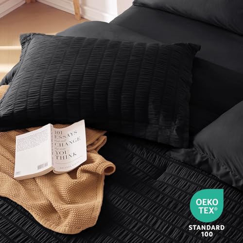 MUXHOMO 7 Pieces Full Comforter Set, Seersucker Bed in a Bag Full Size, All Season Luxury Bedding Set with Comforter, Flat Sheet, Fitted Sheet, Pillowcases & Shams, Black MUXHOMO