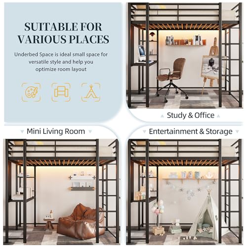 SUNLEI Loft Bed Twin Size with Desk and Safety Guard Rail, Twin Size Metal Bed Frame with Double Layer Shelves for Storage, No Box Spring Needed and 2 Security Ladders, Black SUNLEI