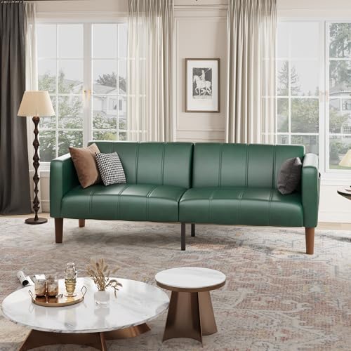 GarveeHome Futon Sofa Bed, 75-Inch Modern Faux Leather Convertible Couch, Mid-Century Loveseat for Small Space, Living Room, Bedroom, Green GarveeHome