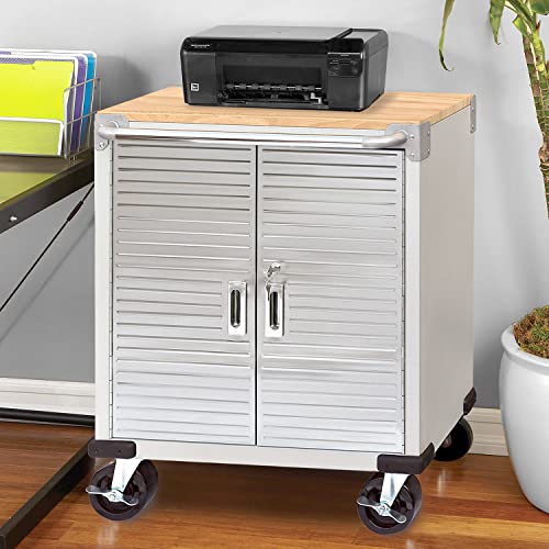 Seville Classics UltraHD Heavy Duty Rolling Cabinet Workbench Table w/Solid Wood Top Workstation for Garage, Warehouse, Office, Workshop, 34.5" H, 2-Door (28" W x 18" D), Granite Seville Classics