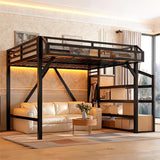 Bellemave Queen Loft Bed Frame with Storage Stairs, Beside Shelf & Wardrobe, Metal Queen Size Loft Bed with USB Ports&LED Light, Large Under-Bed Space Loft Beds for Adults,Teens, Kids, Black Natural Bellemave