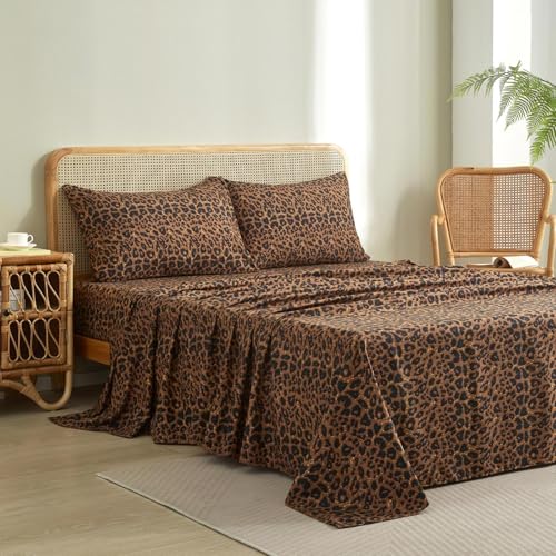 LifeTB Leopard Cheetah Printed King Sheets Set, Cooling Soft Microfiber Brown Leopard Bedding Sheets with 16" Deep Pocket, 4 Piece Vintage Animal Cheetah Pattern King Size Bed Sheets & Pillowcases LifeTB