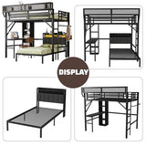 MoproBeti Bunk Bed with Desk,Upper Shelf & Storage Bookshelves,Metal L-Shaped Full Over Twin Bunk Beds with LED & Charge Station,Full Loft Bed w/Ladder,Safety Guardrail for Boys Girls,Black MoproBeti
