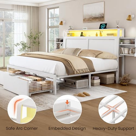LARMACE King Size Bed Frame with Charging Station and LED Lights Wooden Platform Bed Frame with Storage Drawers and Ergonomic Headboard,2-Tier Hidden Storage,No Box Spring Needed,Easy Assembly,White LARMACE