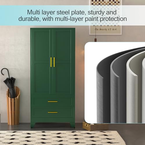 erosoei Metal Armoire Wardrobe Closet, 71 "Metal Clothing Storage Cabinet with Adjustable Shelves and Hanging Rod, Household Steel Wardrobe Storage Cabinet with Drawers (armoire-Green) erosoei