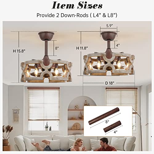 CICIYIG Ceiling Fans with Lights, Farmhouse Ceiling Fan Light Caged, 18" Rustic Boho Fan Lights Wood Chandelier Fan Fixtures Vintage Bladeless Ceiling Fan Remote Dining Room 6xE12 Base (White-1) CICIYIG