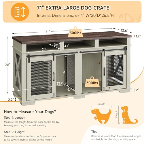 GarveeLife 71'' Dog Crate Furniture for 1 or 2 Dogs, Large Double Dog Cage with 3 Storage Drawers & Removable Divider, Dog Kennel As TV Stand, Furniture Style Dog Crates with Sliding Barn Door GarveeLife