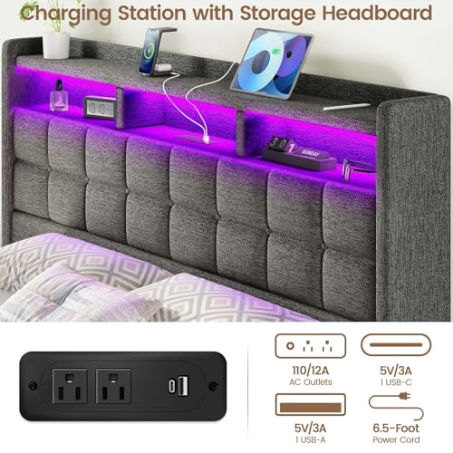 Driftalia Lift Up King Size Bed Frame with Storage, Upholstered King Bed Frame with Charging Station and LED Lights Headboard, No Box Spring Needed, Easy Assembly - Dark Grey Driftalia