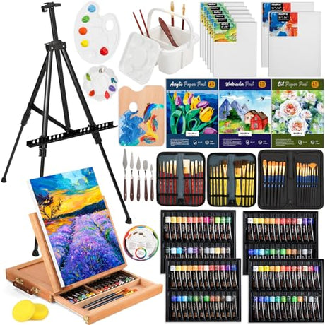 Nicpro 158PCS Deluxe Large Painting Kit with Metal and Solid Beech Wood Easel, Acrylic, Oil & Watercolor Paint Set, Paint Brushes, Canvases, Palette, Paper Pad, Professional Art Set for Adults Artist Nicpro