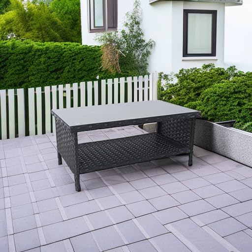 Outdoor Wicker Coffee Table Patio Furniture Garden Rattan 2-Layer Glass Table with Storage and Furniture Cover, Black Rattaner