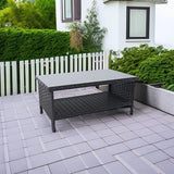 Outdoor Wicker Coffee Table Patio Furniture Garden Rattan 2-Layer Glass Table with Storage and Furniture Cover, Black Rattaner