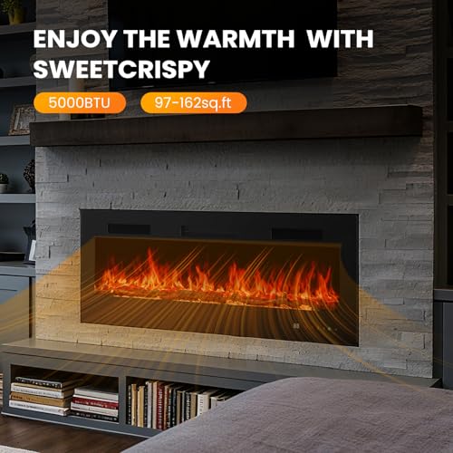 Sweetcrispy 50” Electric Fireplace Insert, Wall Mounted & Recessed Fireplace, 1500W Freestanding Fireplace Heater with Remote & Touch Panel Control, Adjustable Flame Effect, 12H Timer for Indoor use Sweetcrispy